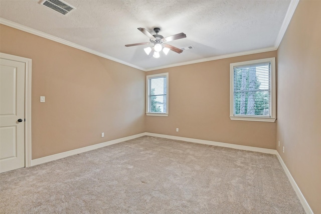 13622 Kluge Corner Ln, Cypress, TX 77429 - unfurnished room featuring a ceiling fan, ornamental molding, carpet flooring, and a textured ceiling