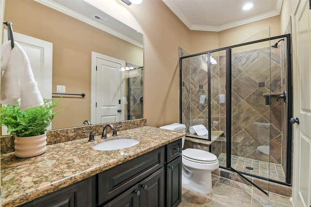 13622 Kluge Corner Ln, Cypress, TX 77429 - bathroom featuring vanity, a stall shower, crown molding, and stone finish flooring