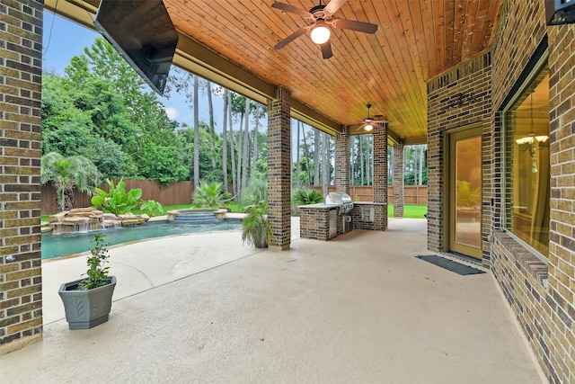 13622 Kluge Corner Ln, Cypress, TX 77429 - fenced backyard featuring area for grilling, a ceiling fan, a patio area, and a pool with connected hot tub