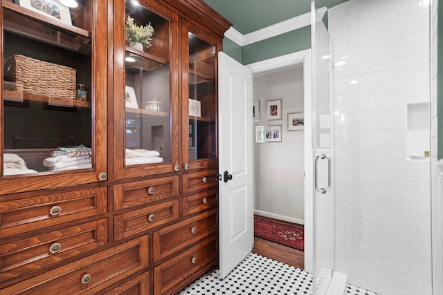 1219 Del Norte St, Houston, TX 77018 - bathroom with crown molding and a stall shower