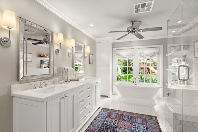 1219 Del Norte St, Houston, TX 77018 - full bathroom featuring a ceiling fan, a stall shower, double vanity, ornamental molding, and a freestanding tub