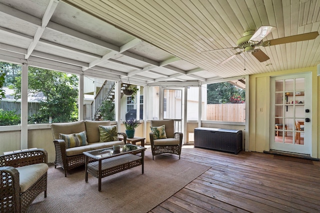 1219 Del Norte St, Houston, TX 77018 - sunroom / solarium with an outdoor hangout area, a ceiling fan, healthy amount of natural light, and beamed ceiling