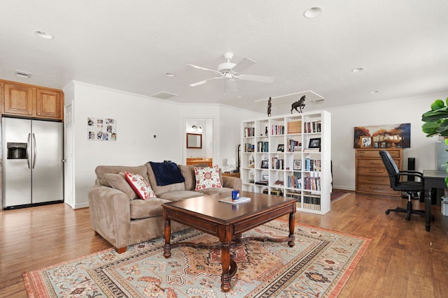 1219 Del Norte St, Houston, TX 77018 - living area with a ceiling fan, light wood-type flooring, a desk, recessed lighting, and crown molding
