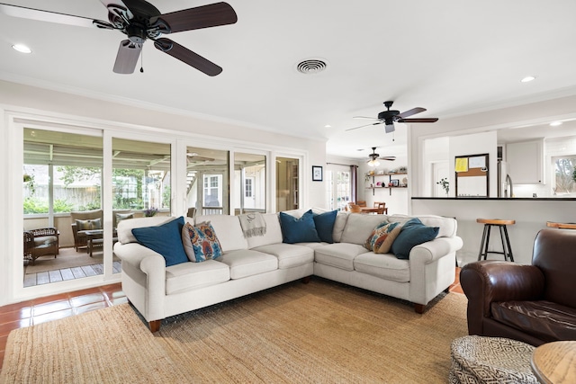 1219 Del Norte St, Houston, TX 77018 - living room featuring ceiling fan, healthy amount of natural light, crown molding, recessed lighting, and tile patterned flooring
