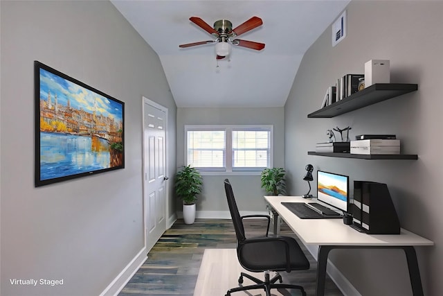 4220 Delhi St, Houston, TX 77022 - office with dark wood-type flooring, ceiling fan, and vaulted ceiling