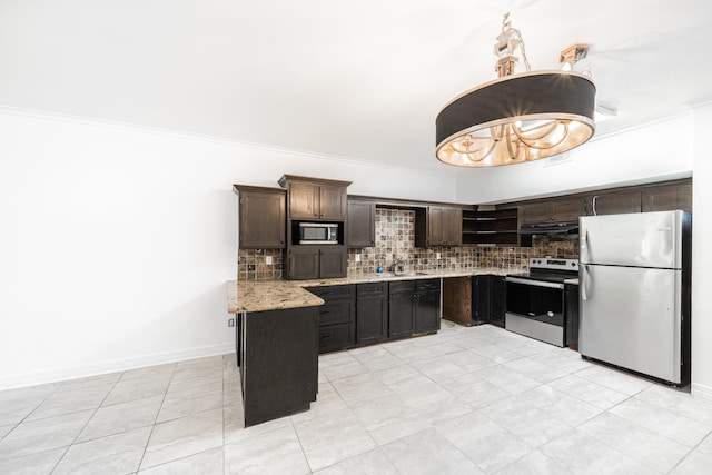 7256 Regency Square Ct Unit 7256, Houston, TX 77036 - kitchen with stainless steel appliances, crown molding, decorative backsplash, dark brown cabinetry, and open shelves
