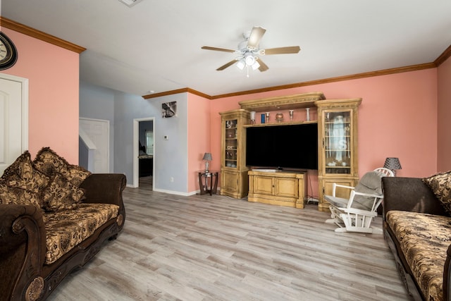 12614 Pelican Bay Dr, Houston, TX 77038 - living area featuring ceiling fan, light wood-style flooring, and crown molding