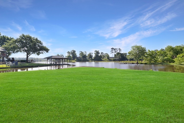 1575 Yaupon Cove Dr, Onalaska, TX 77360 - view of green lawn featuring a gazebo and a water view