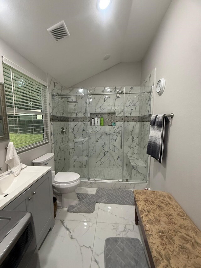 24548 Appian Rdg, Porter, TX 77365 - full bath with marble finish floors, a marble finish shower, vanity, and lofted ceiling