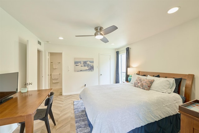 1601 S Shepherd Dr Unit 222, Houston, TX 77019 - bedroom featuring a ceiling fan, recessed lighting, and ensuite bathroom