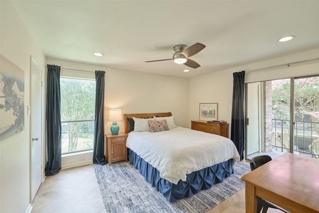 1601 S Shepherd Dr Unit 222, Houston, TX 77019 - bedroom with multiple windows, access to exterior, recessed lighting, and ceiling fan