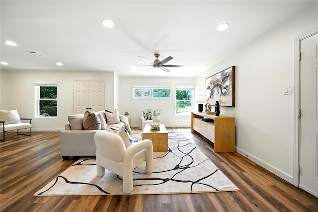 1610 Antoine Dr, Houston, TX 77055 - living room featuring recessed lighting, dark wood-type flooring, and a ceiling fan