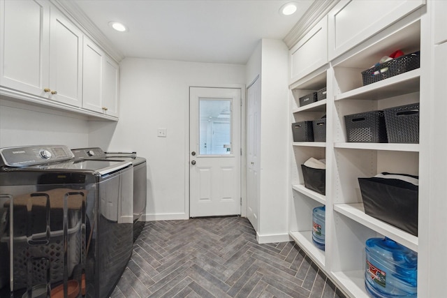 4611 Dunsmere St, Houston, TX 77018 - laundry area featuring washing machine and clothes dryer, cabinet space, and recessed lighting