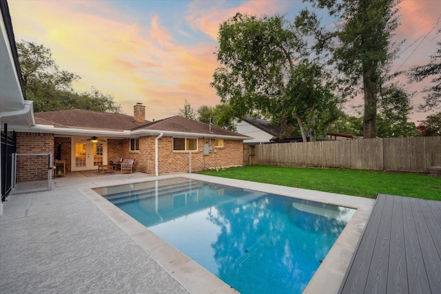 4611 Dunsmere St, Houston, TX 77018 - view of swimming pool with a fenced backyard, french doors, ceiling fan, and a patio