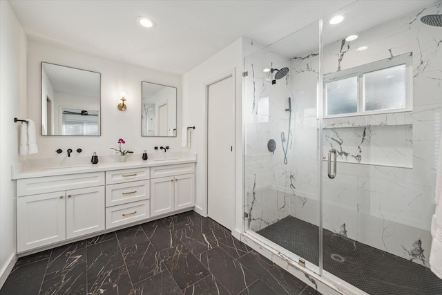 4611 Dunsmere St, Houston, TX 77018 - full bathroom with marble finish floors, a marble finish shower, recessed lighting, and double vanity
