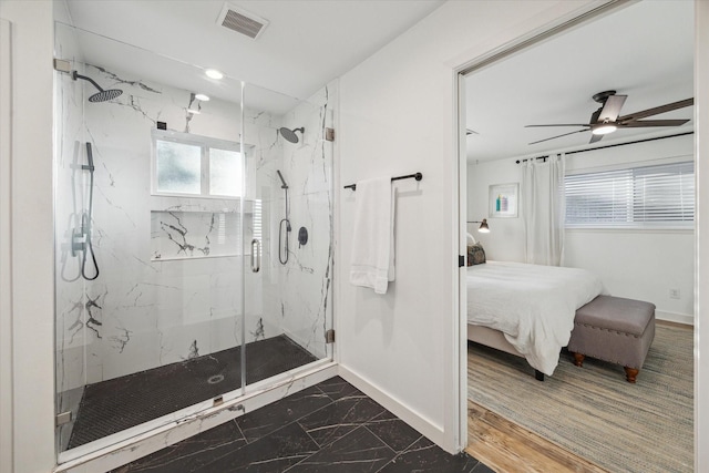 4611 Dunsmere St, Houston, TX 77018 - ensuite bathroom with marble finish floors, a marble finish shower, and ceiling fan