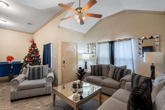 1541 3rd St, Hempstead, TX 77445 - living room featuring a ceiling fan, vaulted ceiling, and ornamental molding
