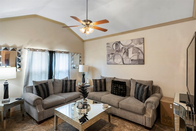 1541 3rd St, Hempstead, TX 77445 - living area with a ceiling fan, crown molding, and vaulted ceiling