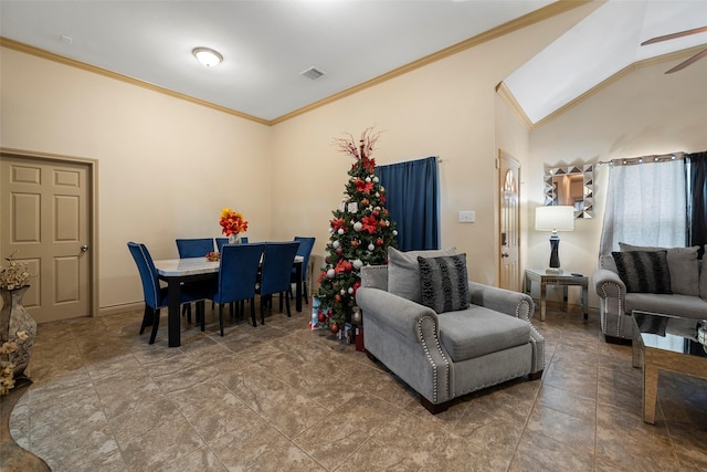 1541 3rd St, Hempstead, TX 77445 - dining area with ornamental molding, vaulted ceiling, and a ceiling fan