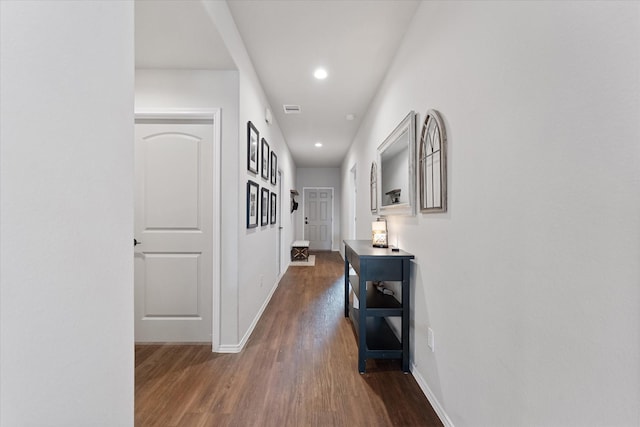 1055 Rancho Grande Dr, Channelview, TX 77530 - corridor with dark wood finished floors and recessed lighting