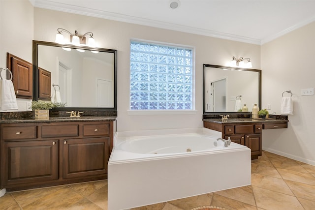 2513 Garnetfield Ln, Friendswood, TX 77546 - full bathroom featuring a tub with jets, crown molding, vanity, and tile patterned flooring