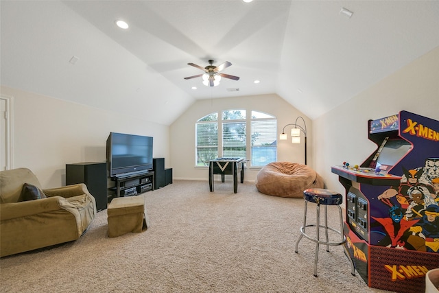 2513 Garnetfield Ln, Friendswood, TX 77546 - carpeted living area featuring vaulted ceiling, ceiling fan, and recessed lighting