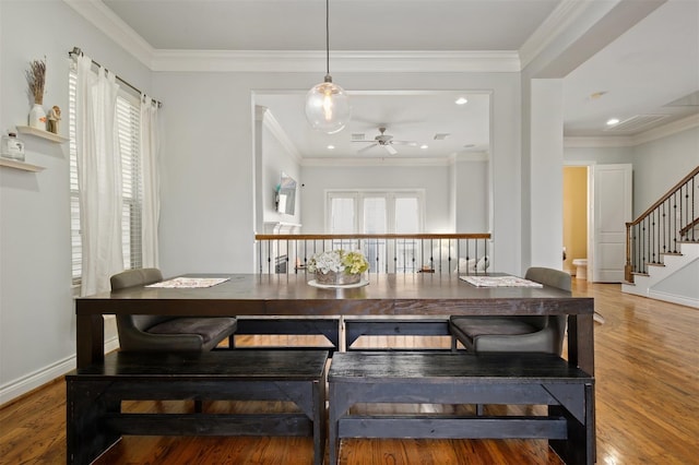 2841 Sherwin St, Houston, TX 77007 - dining space featuring a ceiling fan, wood finished floors, recessed lighting, and stairway