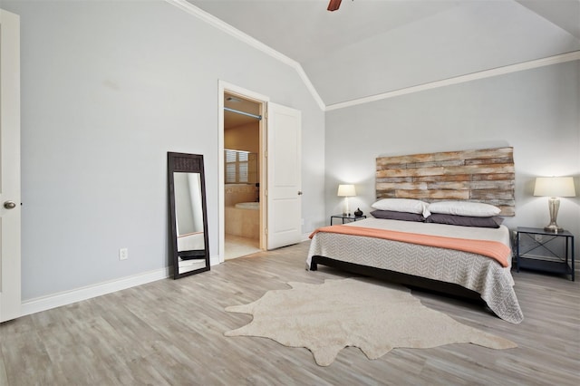 2841 Sherwin St, Houston, TX 77007 - bedroom featuring crown molding, wood finished floors, lofted ceiling, ensuite bath, and ceiling fan