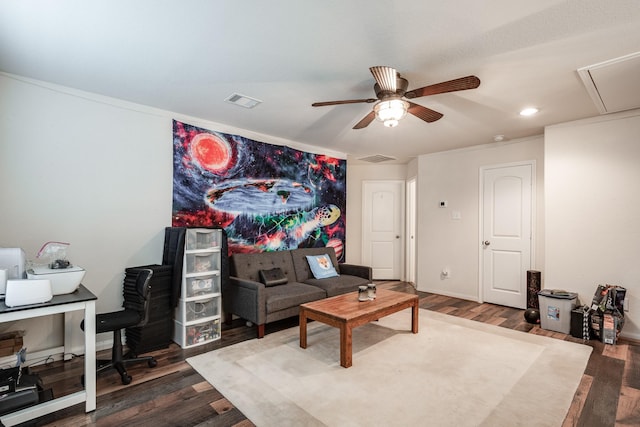 901 Jefferson Ave, Cleveland, TX 77327 - living area featuring attic access, dark wood-type flooring, ceiling fan, recessed lighting, and ornamental molding