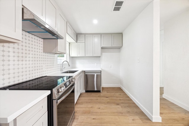 5859 Belmark St, Houston, TX 77033 - kitchen with appliances with stainless steel finishes, ventilation hood, light wood-style floors, backsplash, and light countertops