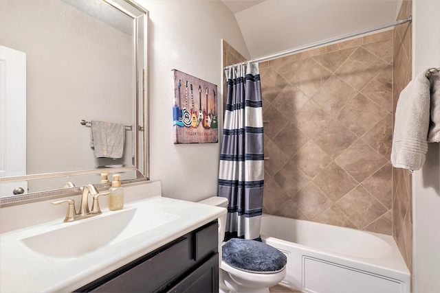 31144 Aspen Gate Trl, Spring, TX 77386 - bathroom featuring vanity, shower / bath combination with curtain, and vaulted ceiling