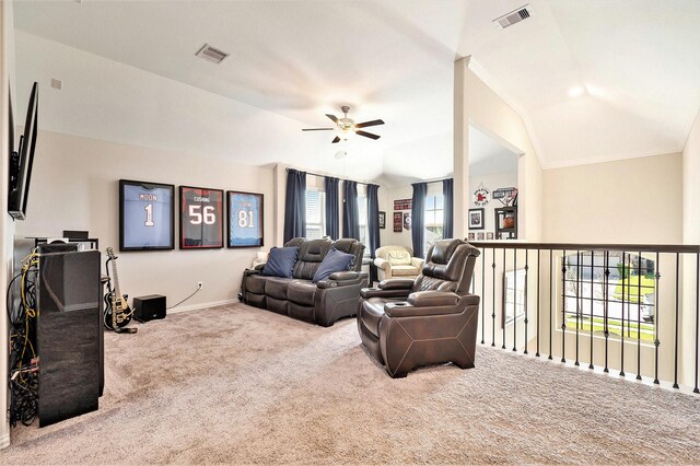 31144 Aspen Gate Trl, Spring, TX 77386 - living area with carpet, a ceiling fan, and vaulted ceiling