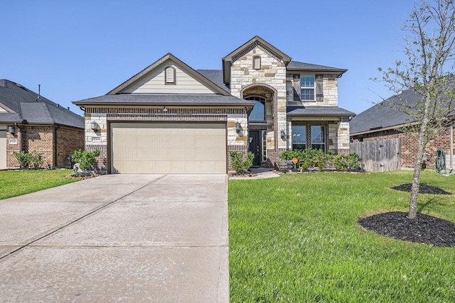 31144 Aspen Gate Trl, Spring, TX 77386 - french country inspired facade with concrete driveway, stone siding, an attached garage, and brick siding