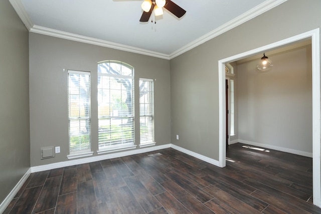 9111 Sutter Ranch Dr, Houston, TX 77064 - spare room with ornamental molding, a ceiling fan, healthy amount of natural light, and dark wood-style floors