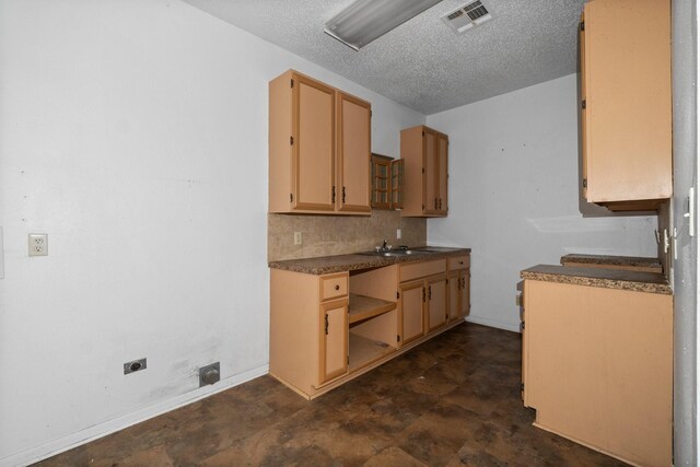 6738 US Highway 190 E, Livingston, TX 77351 - kitchen featuring decorative backsplash, a textured ceiling, dark countertops, and open shelves