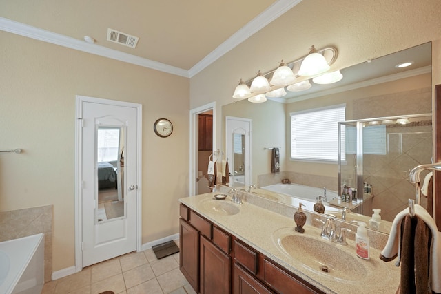 10011 Forrester Trl, Katy, TX 77494 - ensuite bathroom with a bath, double vanity, a stall shower, crown molding, and tile patterned floors