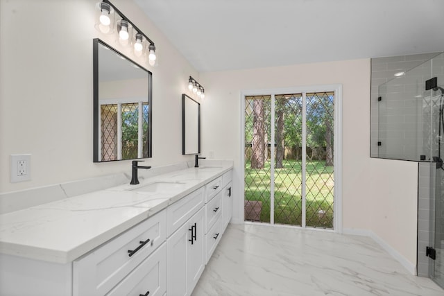 3 Briarwood Dr, Conroe, TX 77301 - bathroom with double vanity, marble look tile flooring, and tiled shower
