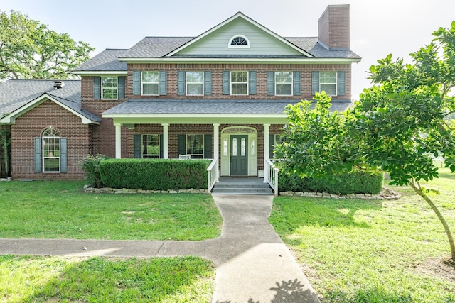 13141 Nicholson Rd, Conroe, TX 77303 - view of front of house with covered porch, brick siding, a chimney, a front lawn, and a shingled roof