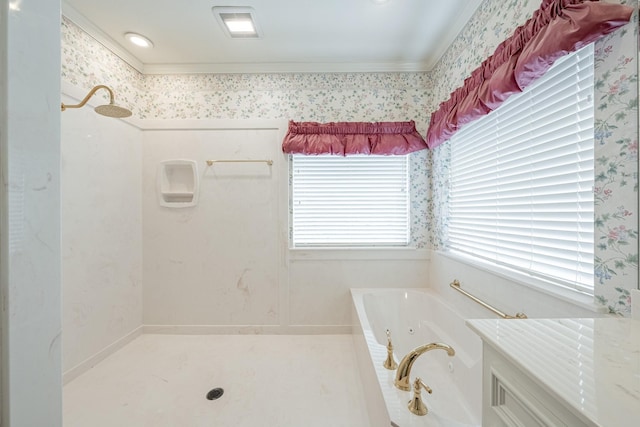 13141 Nicholson Rd, Conroe, TX 77303 - bathroom featuring wallpapered walls, plenty of natural light, a tub with jets, a shower, and ornamental molding