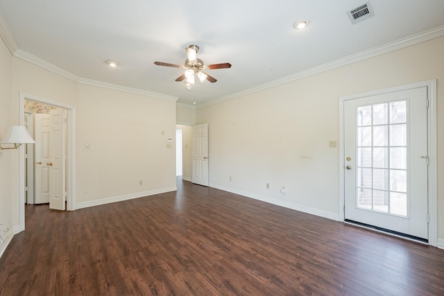 13141 Nicholson Rd, Conroe, TX 77303 - unfurnished living room featuring ceiling fan, dark wood-type flooring, crown molding, and recessed lighting