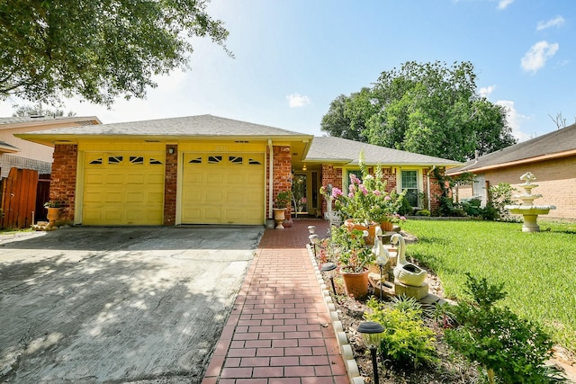 9411 Kingsvalley St, Houston, TX 77075 - ranch-style house featuring an attached garage, concrete driveway, brick siding, a front yard, and a shingled roof