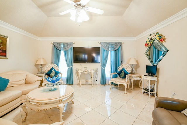 9411 Kingsvalley St, Houston, TX 77075 - living room with tile patterned flooring, lofted ceiling, ceiling fan, and crown molding