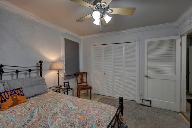 204 Meadow Ln, Brenham, TX 77833 - carpeted bedroom with ornamental molding, a closet, and a ceiling fan