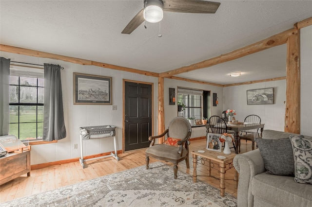 1205 W Houston Ave W, Crockett, TX 75835 - living area with wood-type flooring, a textured ceiling, and ceiling fan