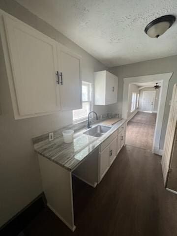 3109 Anita St, Houston, TX 77004 - kitchen featuring white cabinetry, light countertops, dark wood finished floors, and a textured ceiling