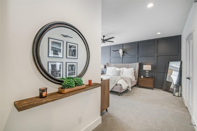 818 Fisher St, Houston, TX 77018 - bedroom with a decorative wall, light carpet, recessed lighting, and a ceiling fan