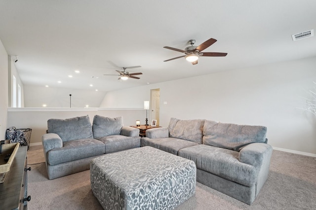 10126 Bayou Oaks Dr, Conroe, TX 77385 - carpeted living room featuring ceiling fan and recessed lighting