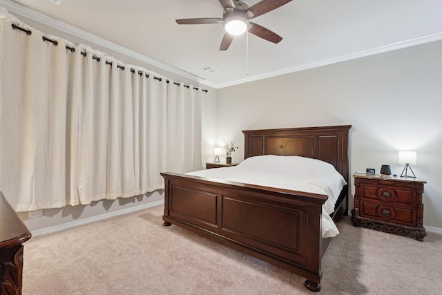 10126 Bayou Oaks Dr, Conroe, TX 77385 - bedroom with light colored carpet, crown molding, and a ceiling fan