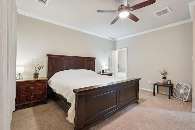 10126 Bayou Oaks Dr, Conroe, TX 77385 - bedroom with light carpet, ornamental molding, and a ceiling fan