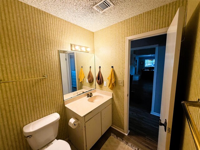 1006 Fairlane Dr, Ganado, TX 77962 - bathroom featuring wallpapered walls, vanity, wood finished floors, and a textured ceiling